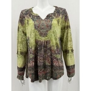 One World Top Women 1X Green Paisley Boho Sheer Long Roll Tab Sleeve Embellished